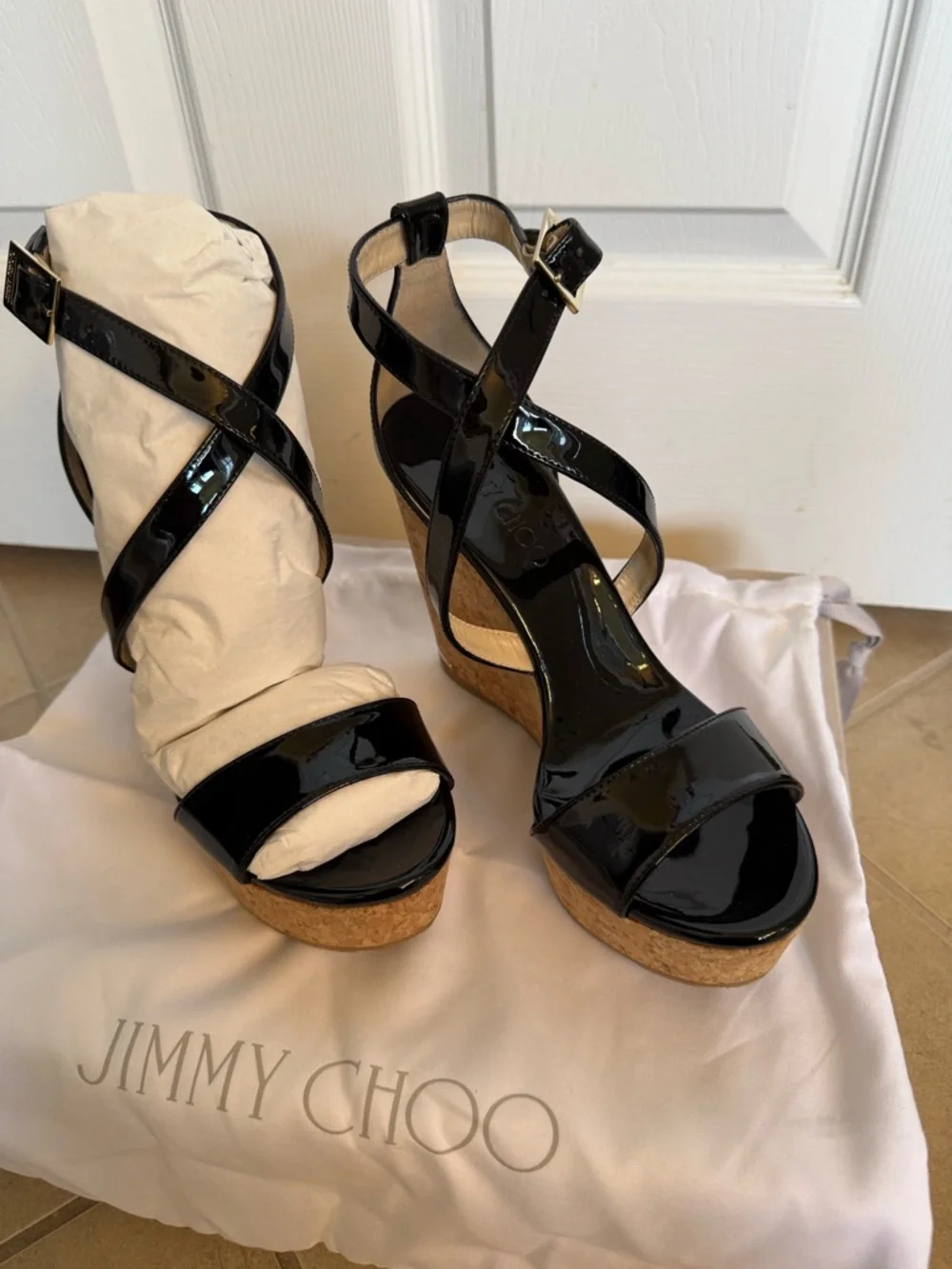 Jimmy Choo Portia Black Patent Leather Cork Wedge Sandals Size 38 NIB